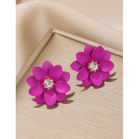 Fuchsia Flower Stud Earrings - hot pink Flower Earrings - Pink and gold earrings