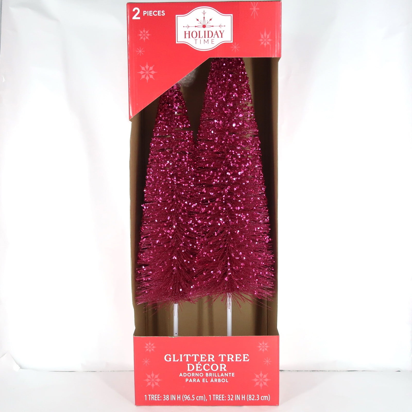 Fuchsia Glitter Bottle Brush Tree Outdoor Décor, 2 Count, 32 in and 38