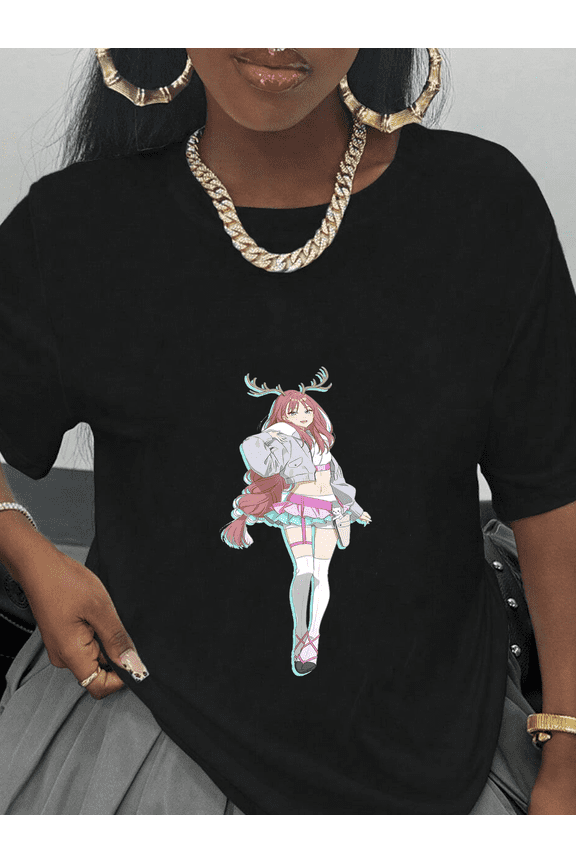 Fuchsia & Lavender Deer-Eared Edgy Sweetheart Kaguya's Crimson-Haired Neo-Wafu Anime Girl Graphic Front Print Black T-Shirt