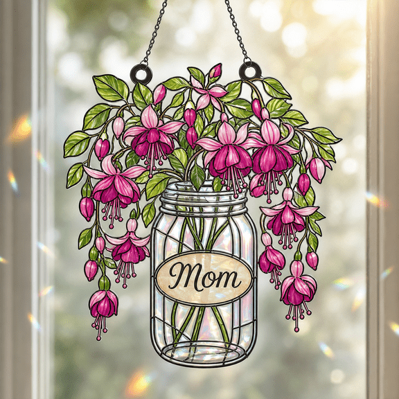 Fuchsia Mason Jar Holographic Acrylic Window Ornament for Mom, Rainbow Sun Catcher Gift