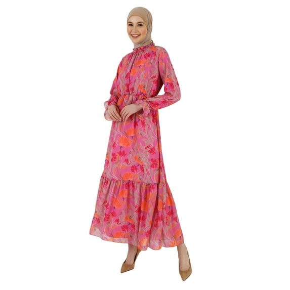 Fuchsia - Orange - Floral - Crew neck - Fully Lined - Modest Dress - Refka