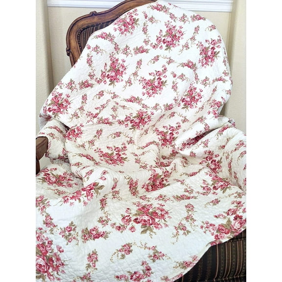 Fuchsia Pink Rose Cream Floral Print Reversible 100% Cotton Quilted Throw Blanket 60" x 50" Machine Washable and Dryable (Roses)