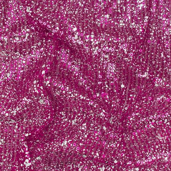 Fuchsia Pink/Silver Foil Printed Sequin Mesh, Fabric By the Yard