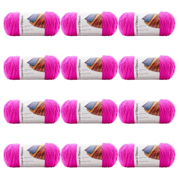 Loops & Threads Fuchsia Soft Classic Neon Yarn - Medium Weight Yarn for Knitting, Crochet, Weaving, Arts & Crafts, 12 Pack