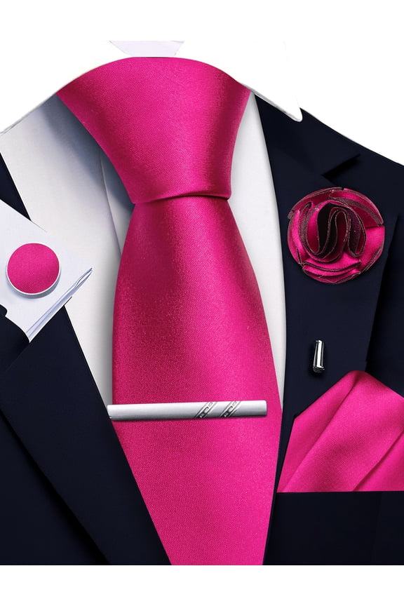 Fuchsia Ties for Men Silk Satin Hot Pink Necktie and Pocket Square Cufflinks Tie Clip Lapel Pin Set Wedding Business 5PCS