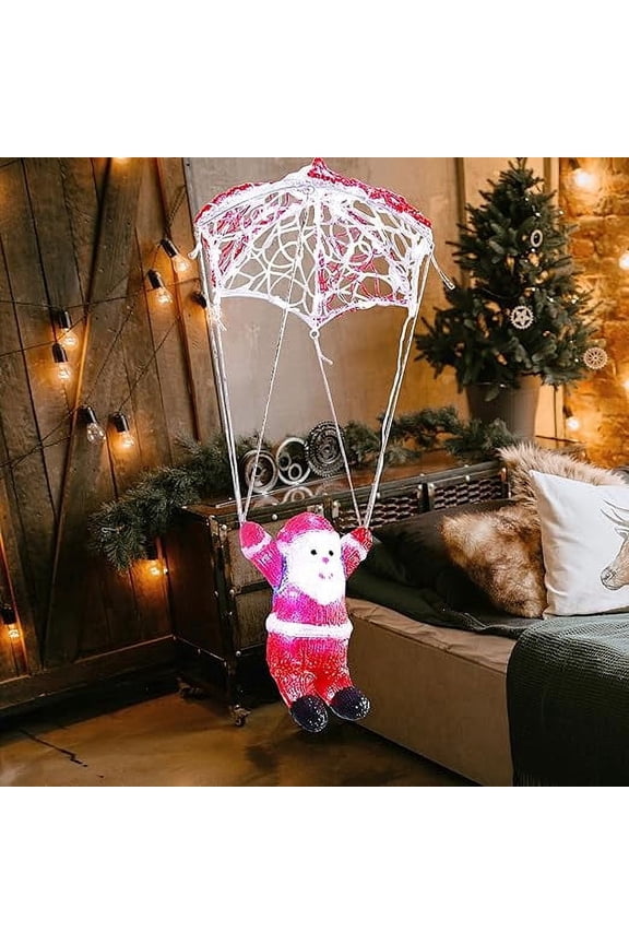 LED Acrylic Santa Claus with Parachute LED Hanging Lights with Timer for Window Living Room Garden Christmas Decoration Indoor Outdoor Holiday Display