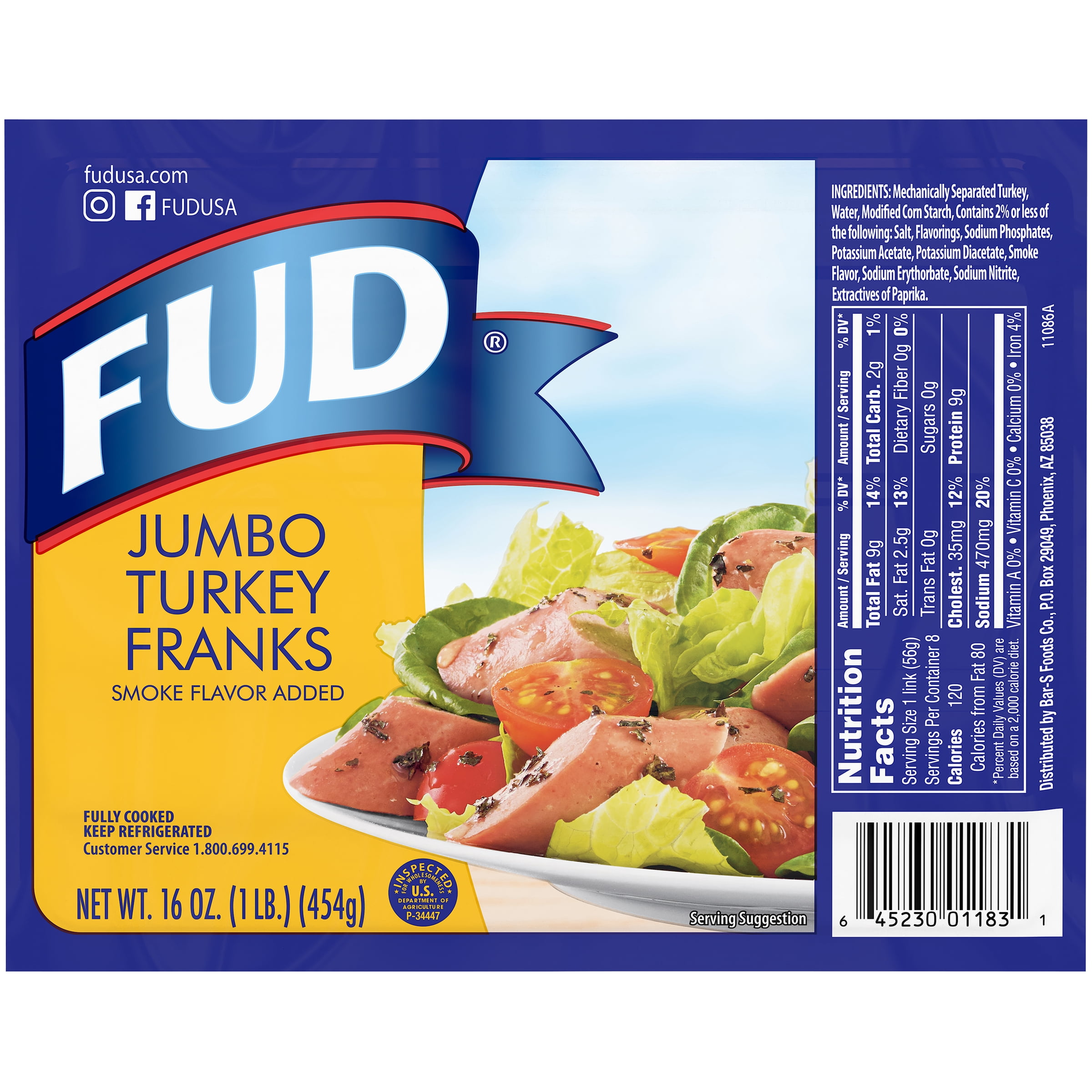 Fud Jumbo Turkey Franks, 16 oz, Fully Cooked, Refrigerated