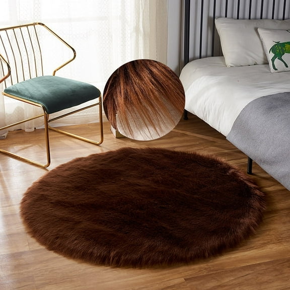Fudakuna Soft Shaggy Plush Brown Carpet Area Rug Round 32" x 32 Faux Sheepskin Backing