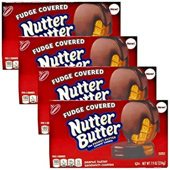 Fudge Covered Nutter Butter Cookies - Pack Of 4 Boxes - 31.6 Oz Total - Peanut Butter Sandwich Cookies Covered With Delicious Fudge