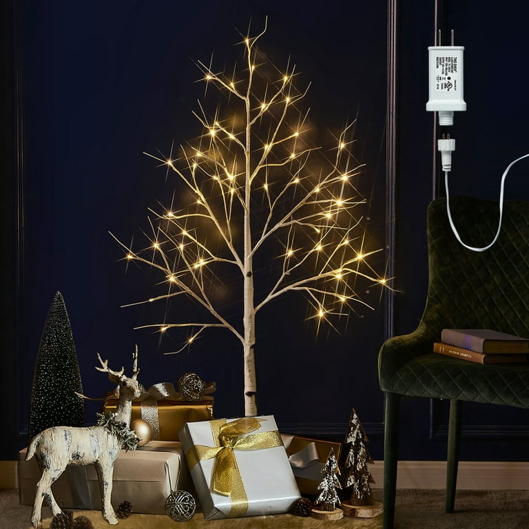 Fudios Birch Tree Lighted Plug in 4FT Birch Christmas Tree with Lights 48 LED Prelit Artificial Birch Trees for Home Decor Indoor Outdoor