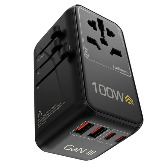 Fudisenn Universal Travel Adapter, GaN 100W International Plug Adaptor with 2 USB C and 2 USB A Charging Ports, Worldwide Power Outlet for US to Europe EU UK AUS Ireland (Type C/G/A/I)