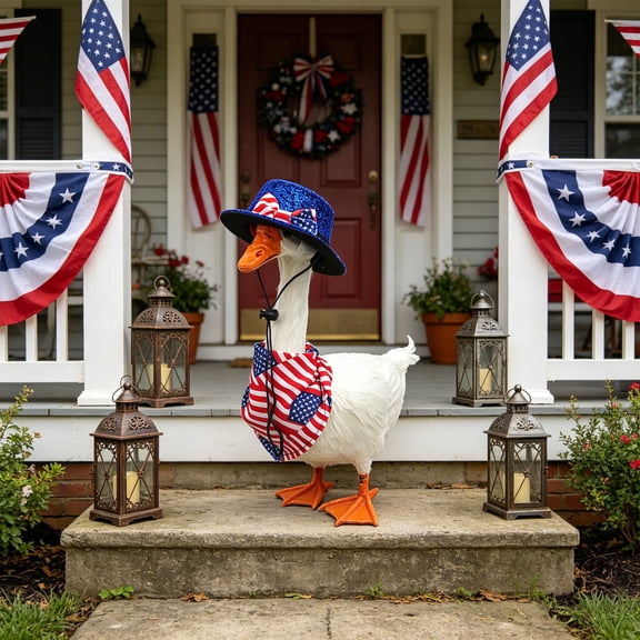 Fuebueo 19 Inch Porch Goose Outfits, 4th of July Decorations Style with Blue Sequin Top Hat, A Dense Stars-and-Stripes Bandana, And A Matching Flag-Patterned Bow tie for Front Porch Goose