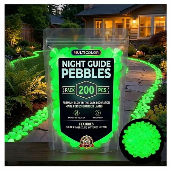 Fuebueo 200 Pcs Glow in the Dark Pebbles, Green Luminous Stones for Outdoor Walkway, Fish Tank, Garden Path, and Landscaping Decor, Solar Powered Waterproof Rocks
