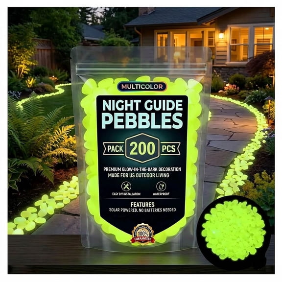 Fuebueo 200 Pcs Glow in the Dark Pebbles, Yellow Luminous Stones for Outdoor Walkway, Fish Tank, Garden Path, and Landscaping Decor, Solar Powered Waterproof Rocks