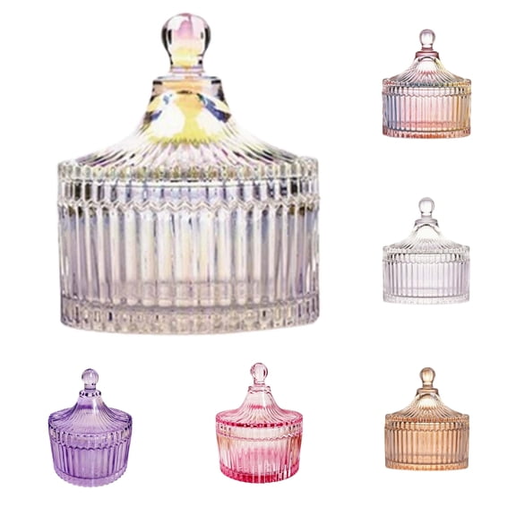 Fuebueo 4.9" Clear Glass Candy Jar with Lid, Ribbed Decorative Sugar Bowl, Small Apothecary Jar Storage Container for Bathroom Cotton Swab Vanity Treat Dish, 1 Count