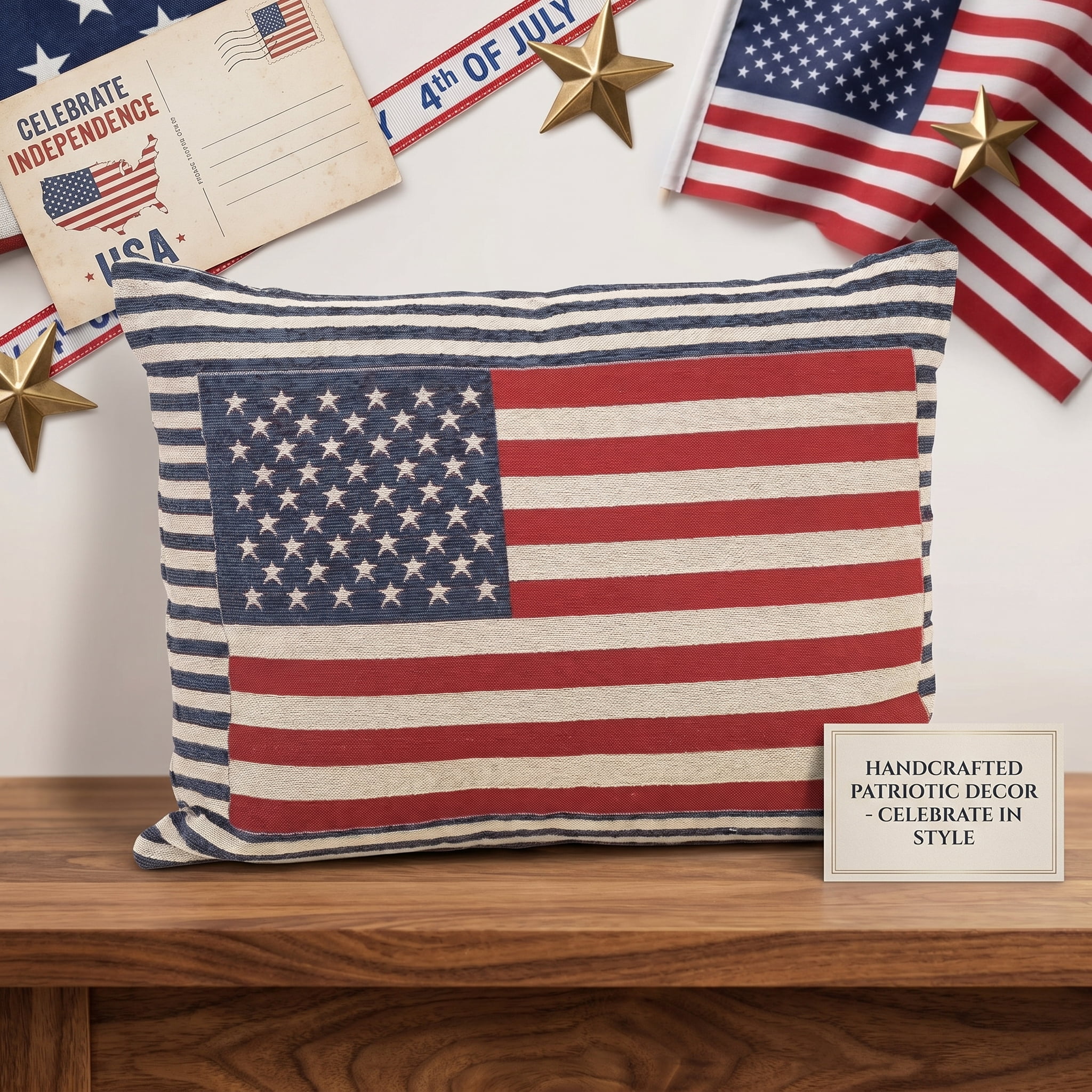 Fuebueo American Flag Throw Pillow, Patriotic 4th of July Decorations for Home, Woven Americana Decor for Couch and Sofa, Stars and Stripes Cushion, 17 x 24 Inch