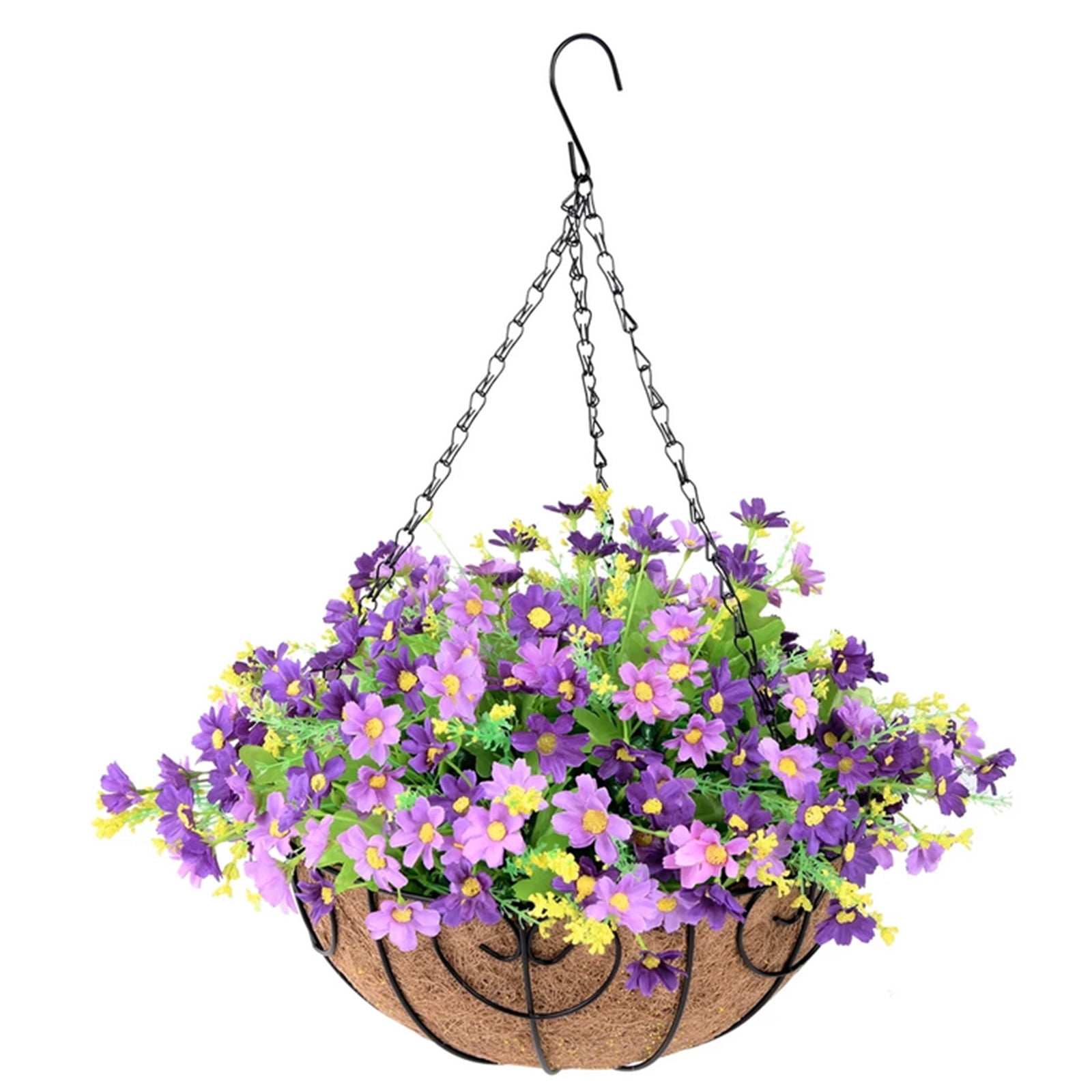 Fuebueo Artificial Flower Hanging Basket with Coco Liner, 8 Inch Purple Faux Daisy Silk Flowers, Metal Wire Planter with Chain for Outdoor Porch, Patio, and Garden Decor