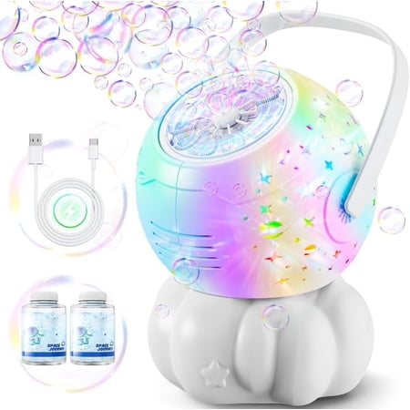 Fuebueo Automatic Bubble Machine with 7 Color LED Lights, Rechargeable Bubble Blower with 10 Wands, Portable Bubble Maker Toys for Age 2+ Pets, Outdoor Birthday Wedding Party Supplies, White