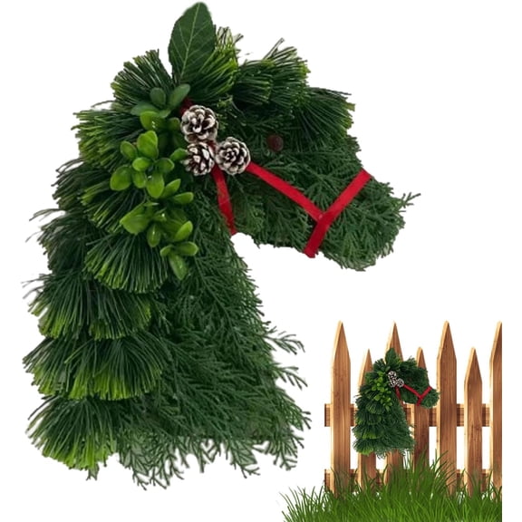 Fuebueo Christmas Gifts,2026 New Horse Head Wreath – Rustic Farmhouse Equestrian Door Decor, Handmade Horse Head Christmas Wreath, Faux Plant Decor with Red Ribbon for Farmhouse, Porch Decoration