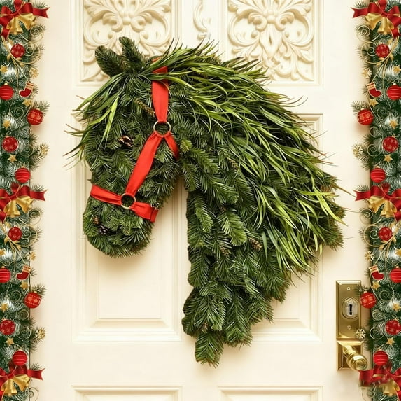 Fuebueo Christmas Gifts,2026 New Horse Head Wreath – Rustic Farmhouse Equestrian Door Decor, Handmade Horse Head Christmas Wreath, Faux Plant Decor with Red Ribbon for Farmhouse, Porch Decoration