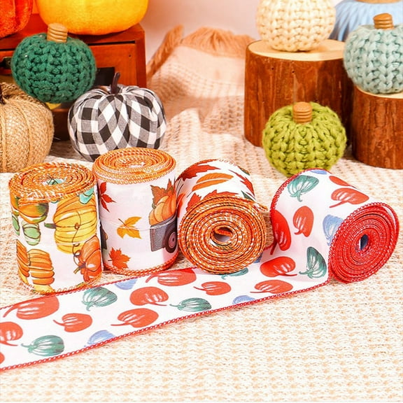 Fuebueo Fall Ribbon Wired,Fall Grosgrain Ribbons for Gift Wrapping,Thanksgiving Pumpkin Ribbons Decor