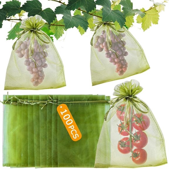 Fuebueo Garden Netting Clearacne Fruit Protection Bags 100 Pcs Mesh Fruit Netting Bag for Fruit Trees, Cover Net Bags with Drawstring for Grape Apple Mango Peach - Large