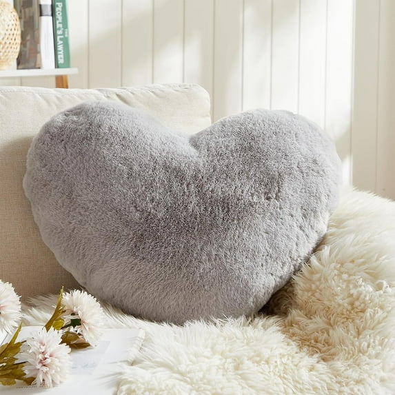 Fuebueo Heart Pillows, Christmas Heart Pillow, Gray Heart Shaped Pillows, Love Throw Pillows Gifts, Ultra Soft Faux Rabbit Fur Small Pillows, Women Girls Kid Christmas Room Decor