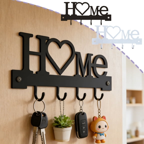 Fuebueo Key Holder Wall Mount 7 Inch, Wall Mounted Key Rack, Decorative HOME Sign Key Hanger with 4 Hooks, Entryway Organizer for Towel Coat Leash, Black