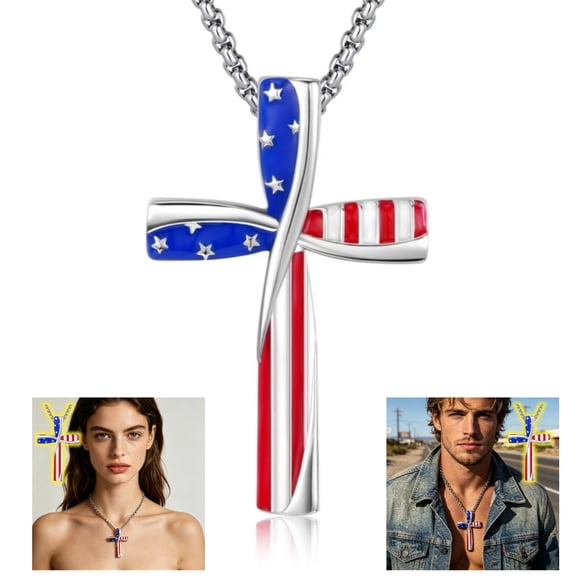 Fuebueo Patriotic American Flag Cross Necklace for Men Women Red White Blue Enamel Stainless Steel Chain Religious Christian Pendant 4th of July Memorial Day Jewelry Gift