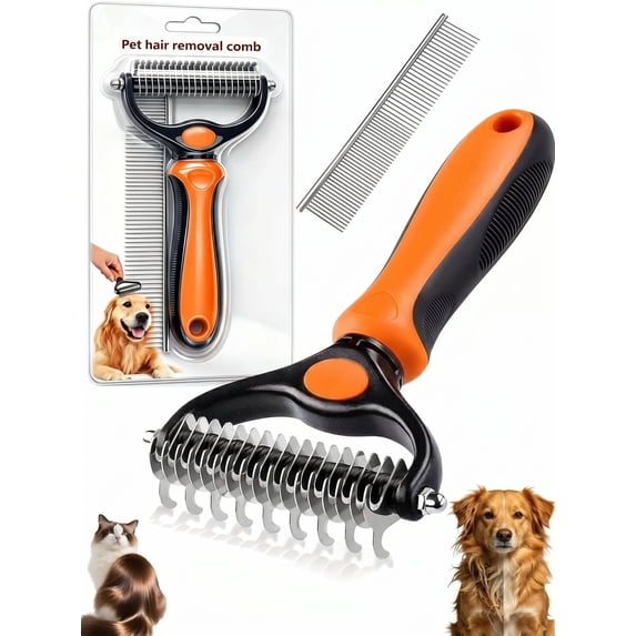 Fuebueo Pet Pro Grooming Tool, Dematting Rake and Steel Comb Set for Dogs Cats, 2 Piece Undercoat Deshedding Tool, Stainless Steel Comb for Removing Mats Tangles Fur, Orange