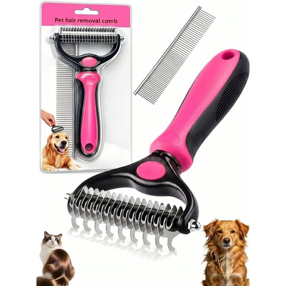 Fuebueo Pet Pro Grooming Tool, Dematting Rake and Steel Comb Set for Dogs Cats, 2 Piece Undercoat Deshedding Tool, Stainless Steel Comb for Removing Mats Tangles Fur, Pink