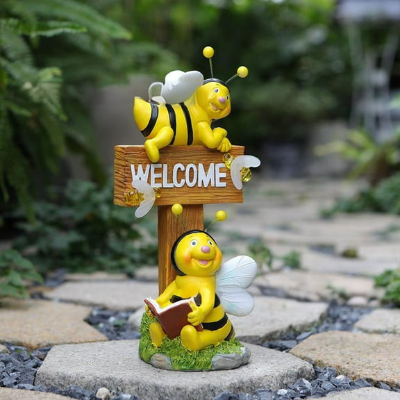 Fuebueo Savings Garden Statue Bee,Solar Bee Decor for Outdoor,Resin Dragonflies Figurine with Solar Light for Patio,Balcony,Yard,Lawn Ornament,Perfect Garden Gift