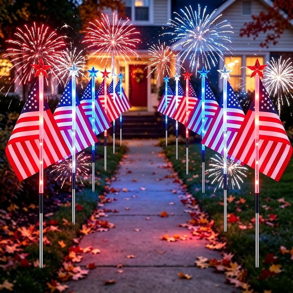 Fuebueo Solar Lights Outdoor, 1PC 27.56 Inch American Flag Garden Solar Lights with Illuminated Star, Waterproof Solar Path Lights for Independence Day and Memorial Day Decor