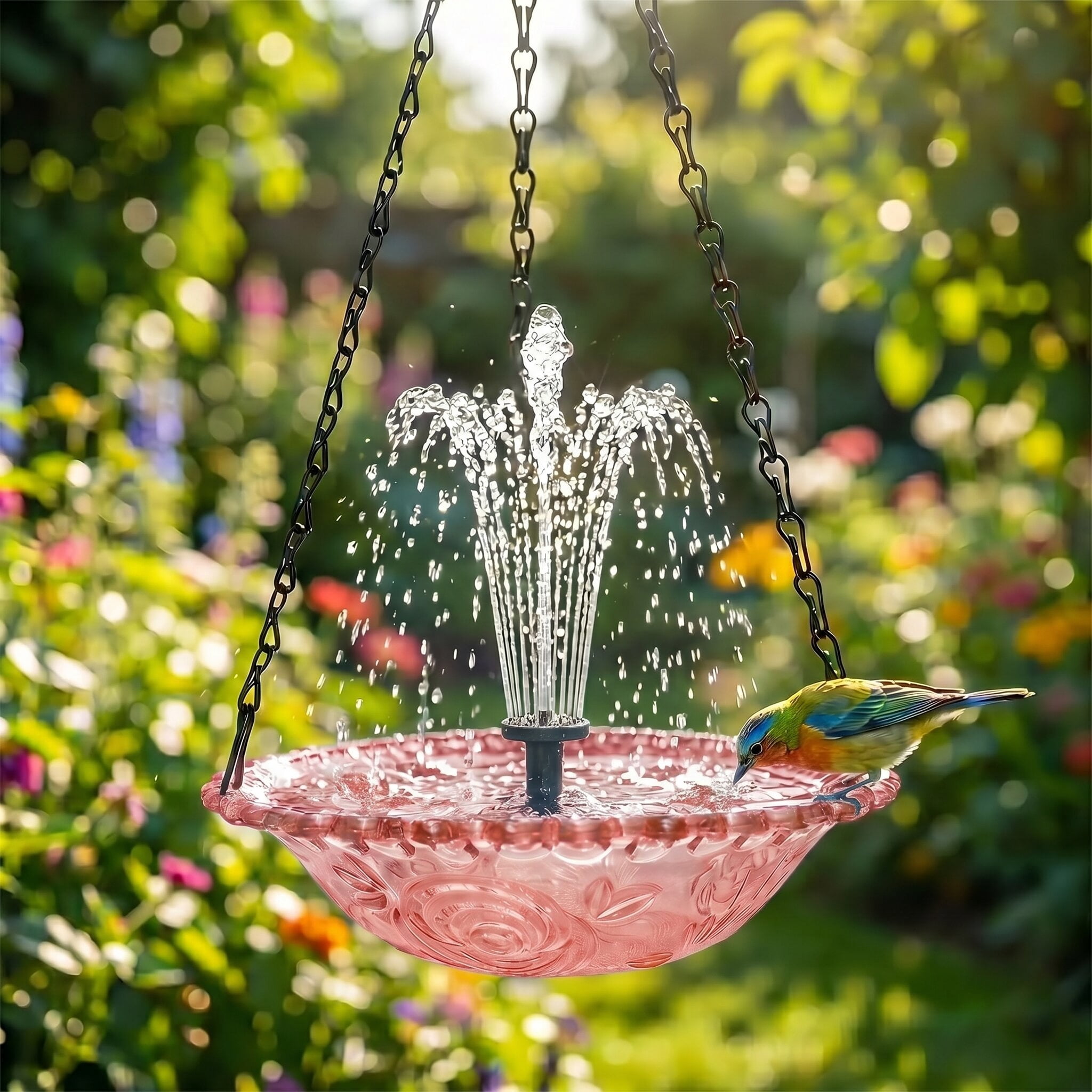 Fuebueo Solar Powered Hanging Bird Bath with Floating Fountain, Durable Birdbath for Outdoor Garden Decor, Hummingbird Bath with Solar Water Pump, Red