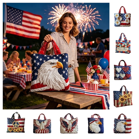 Fuebueo Women's Patriotic Tote Bag, July 4th American Independence Day Themed Quilted Shoulder Bag, American Flag Eagle Peace Symbol Wallet, Large Capacity Travel Canvas Tote Bag, Perfect Gift(D)