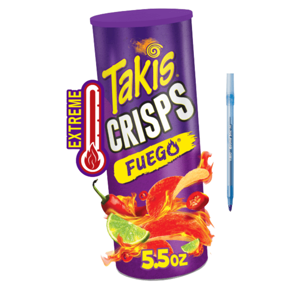 Fuego Crisps 5.5 oz Sharing Size Can, Hot Chili Pepper & Lime Flavored Extreme Spicy Potato Crisps 5.5 oz