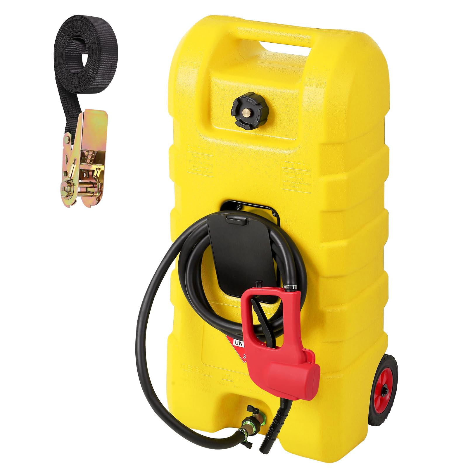 Fuel Caddy, 15 Gallon Portable Gas Fuel Tank Container with Fluid Transfer Siphon Pump and 10ft. Delivery Hose, Diesel Storage Can On-Wheels for Cars, Lawn Mowers, ATVs, Boats
