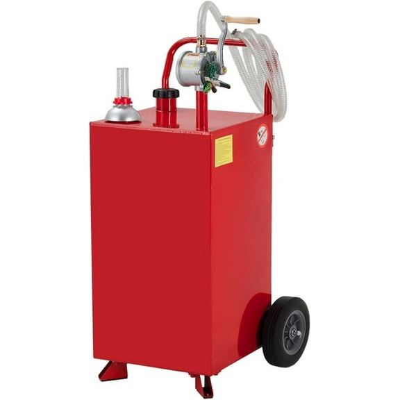 Fuel Caddy 20 Gallon, Portable Gas Caddy with Manual Transfer Pump, Diesel Gasoline Container with 2 Wheels, Gas Transfer Tank for Cars, Lawn Mowers, ATVs, Boats, Red