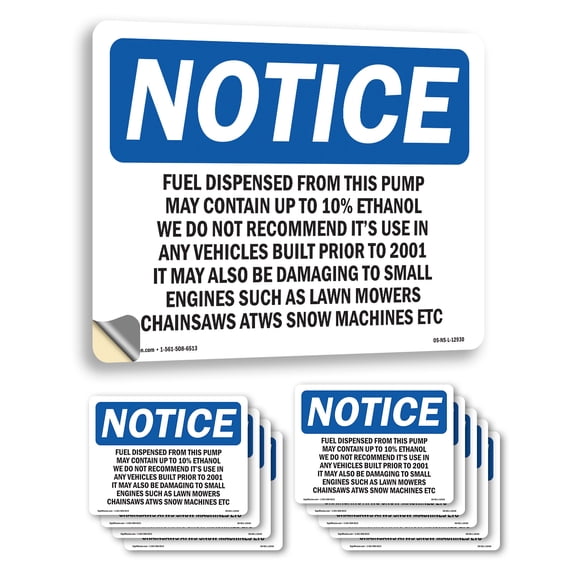 Fuel Dispensed From This Pump May Contain OSHA Notice Vinyl Decal Label 14 Inch x 10 Inch - 10 Pack