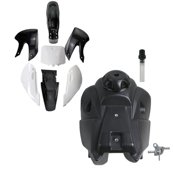 Fuel Gas Tank with Cap + Pit Bike Plastics Fender Kit for DRZ110 KLX110 KX65 RM65 Thumpstar Pitpro Atomix Dirt Pit Bike Offroad Motorcycle 140/150/160/200/250cc