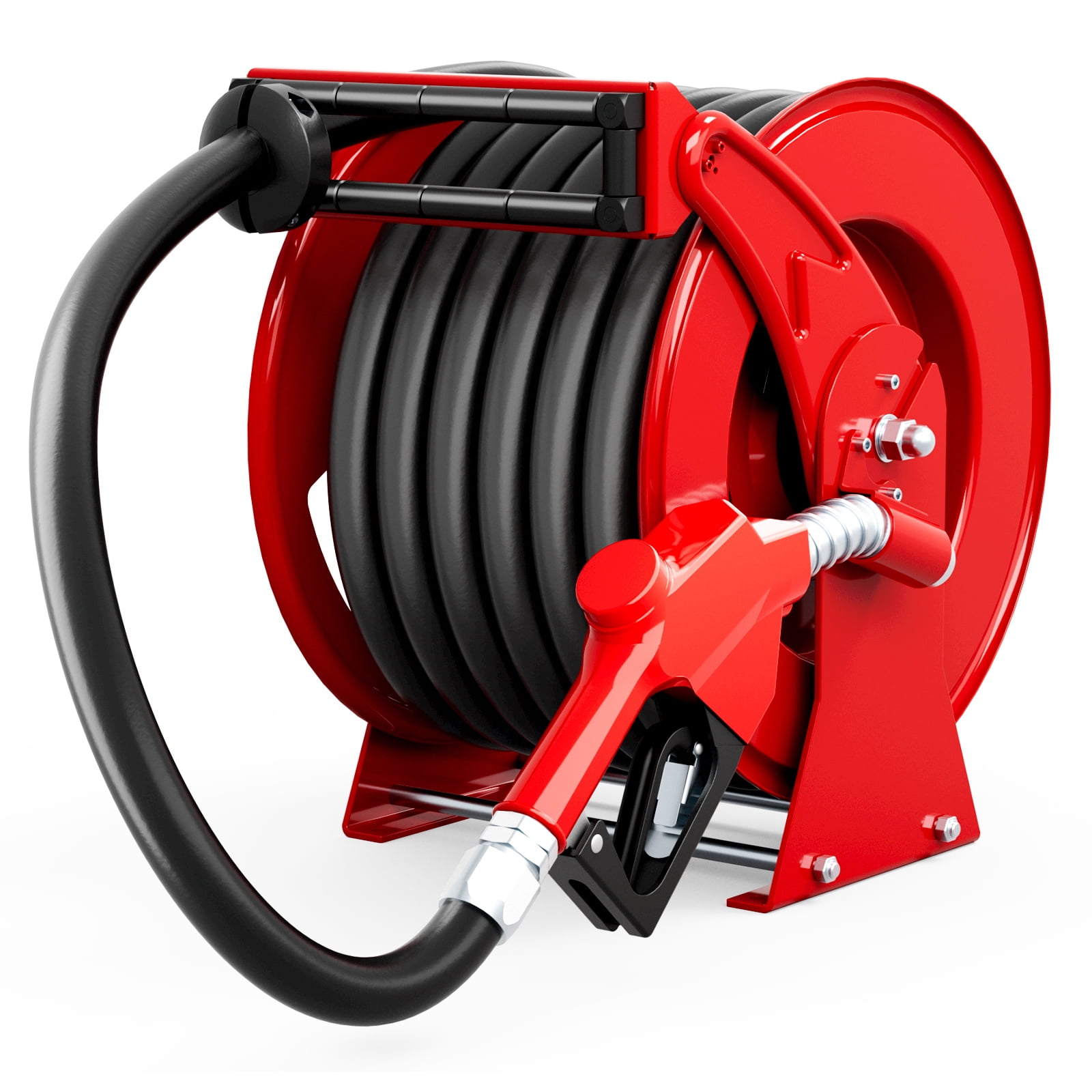 Fuel Hose Reel 1 Inch x 50ft with Fueling Nozzle, Diesel Fuel Hose Reel 300PSI Retractable Industrial Heavy Duty Swivel Steel Construction Reel for Ship Vehicle Tank Truck Trailer Cart, Red