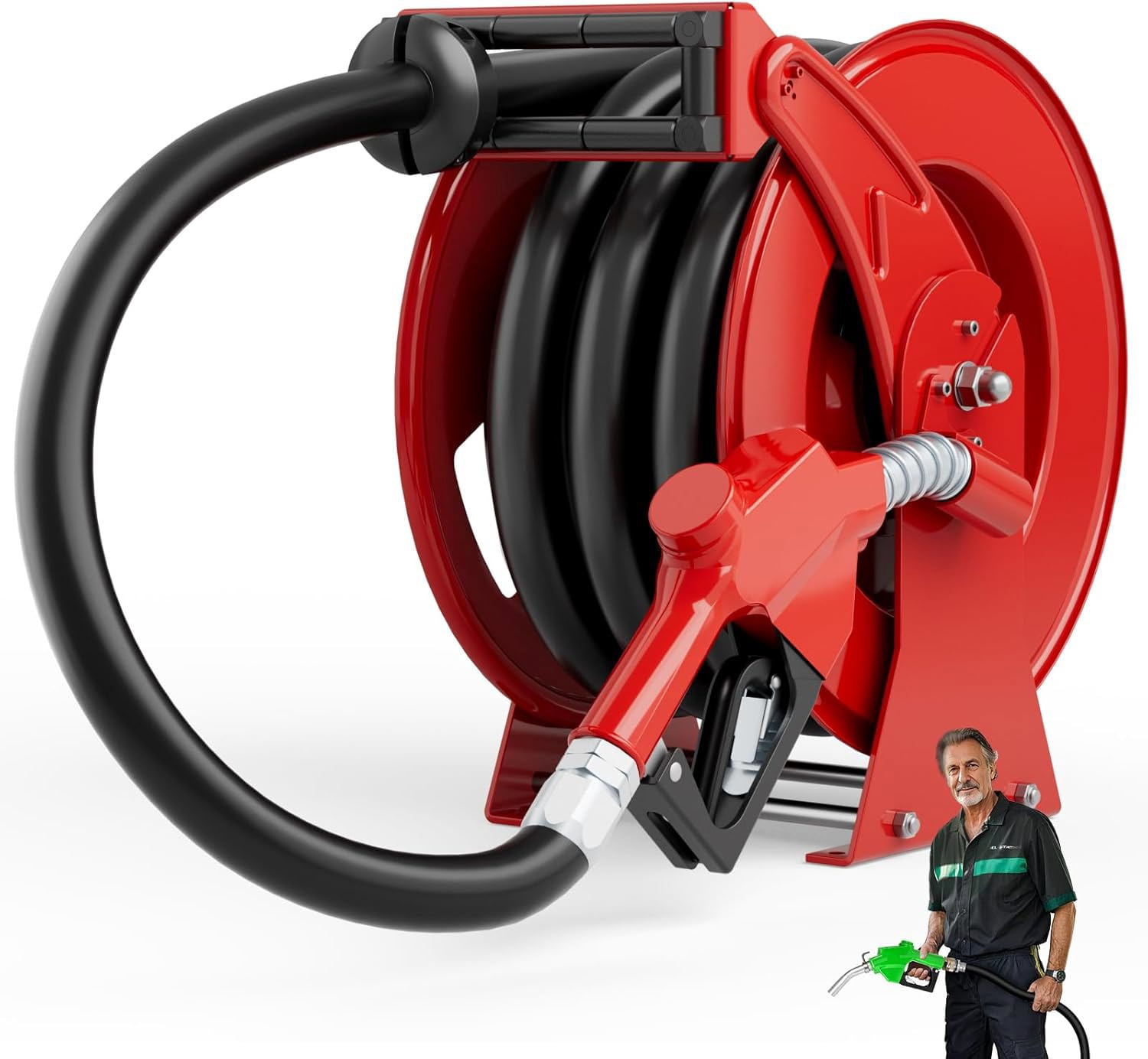 Fuel Hose Reel, 1" x 33' Retractable Diesel Hose Reel, Heavy-Duty Carbon Steel Construction with Automatic Fuel Nozzle, NBR Rubber Hose for Aircraft Ship Vehicle Tank Truck, 300 PSI, Red