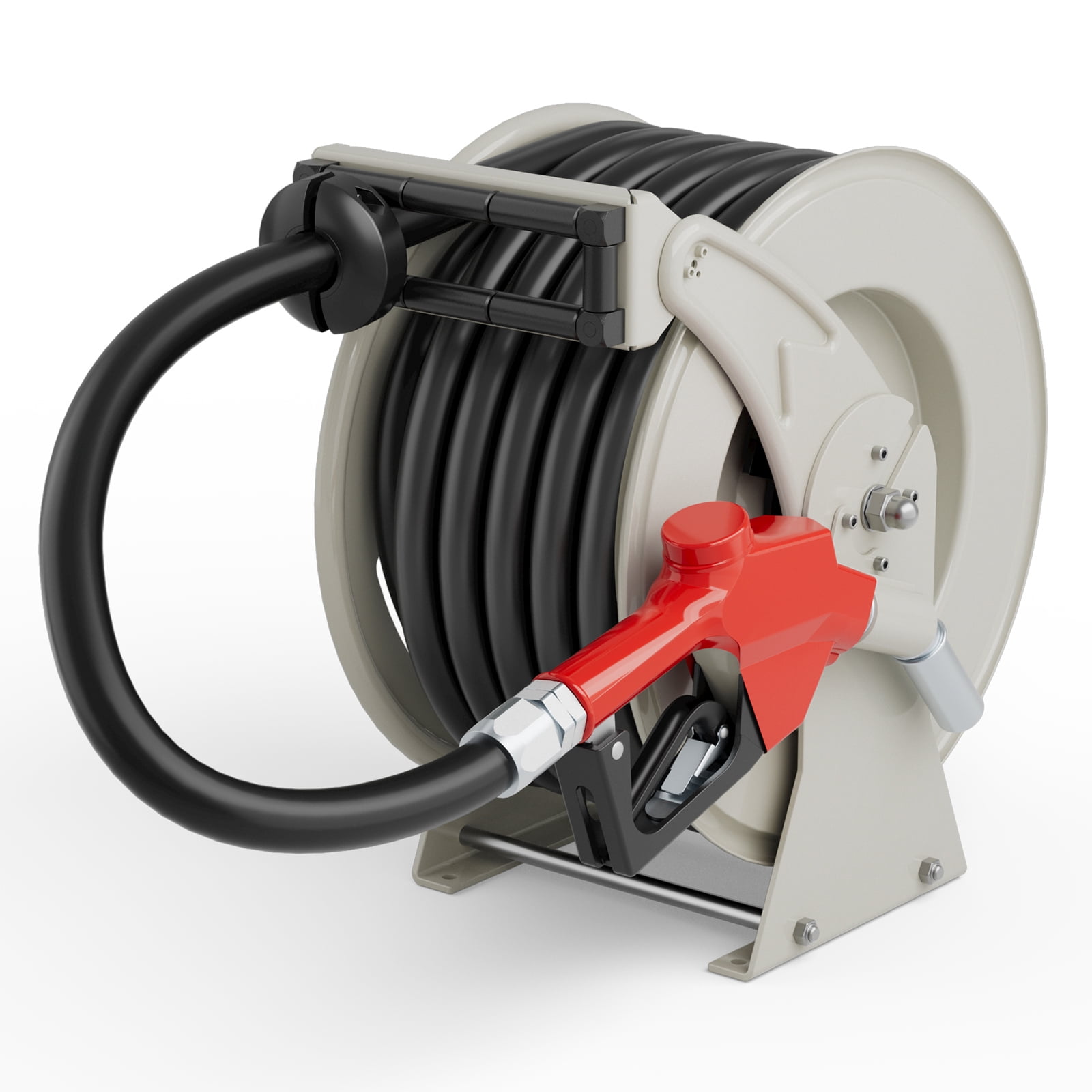 Fuel Hose Reel 3/4 Inch x 66ft with Fueling Nozzle, Diesel Fuel Hose Reel 300PSI Retractable Industrial Heavy Duty Swivel Steel Construction Reel for Ship Vehicle Tank Truck Trailer Cart, Silver