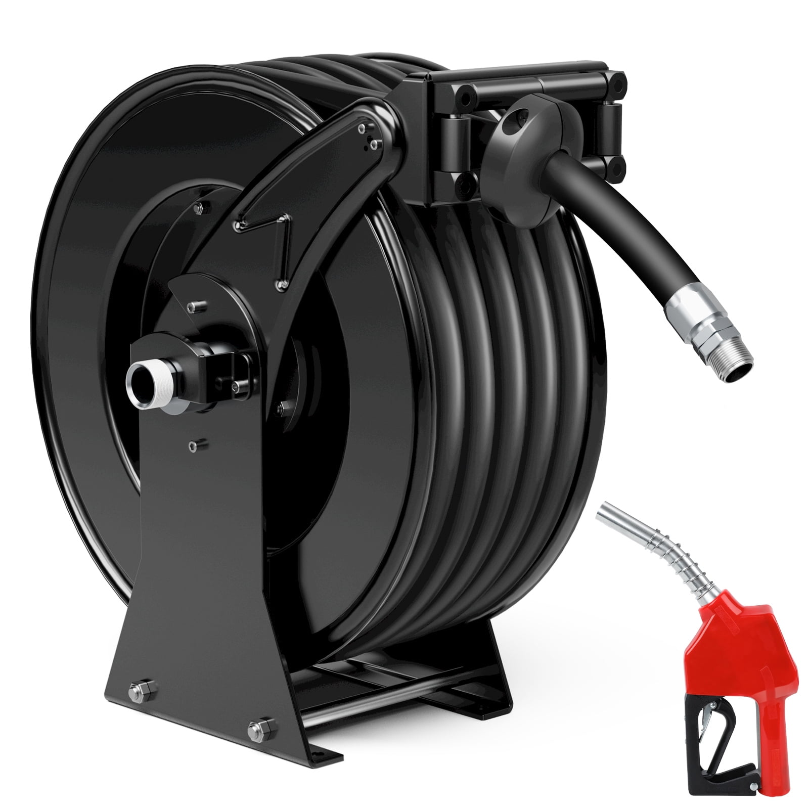 Fuel Hose Reel, 3/4" x 50', Retractable Diesel Hose Reel, Heavy-Duty Carbon Steel Construction with Automatic Fuel Nozzle, NBR Rubber Hose for Aircraft Ship Vehicle Tank Truck, 300 PSI, Black