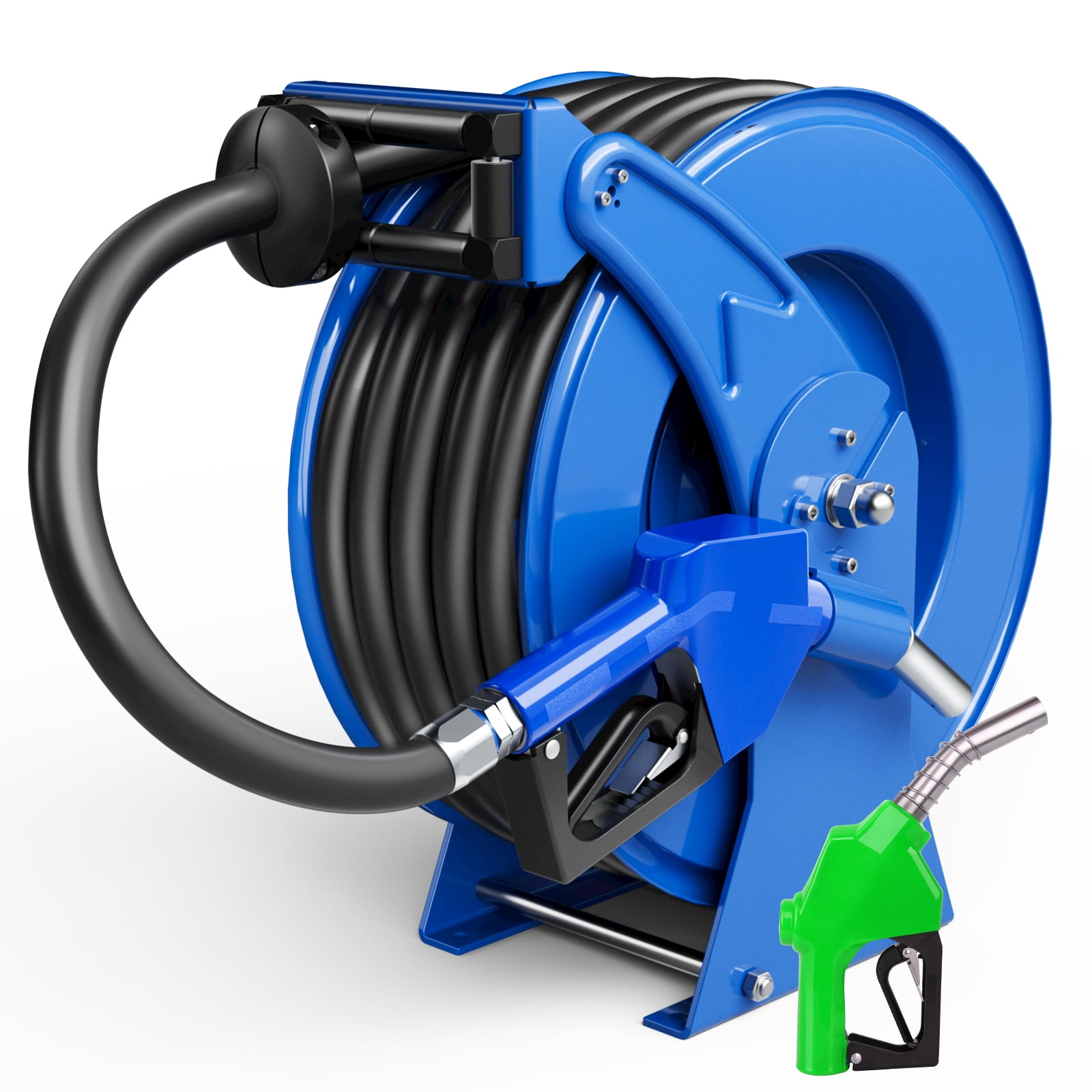 Fuel Hose Reel 3/4" x 50' Retractable with Fueling Nozzle Diesel Hose Reel 300 PSI Industrial Auto Swivel Heavy Duty Steel Construction for Farm Ship Vehicle Tank, Blue