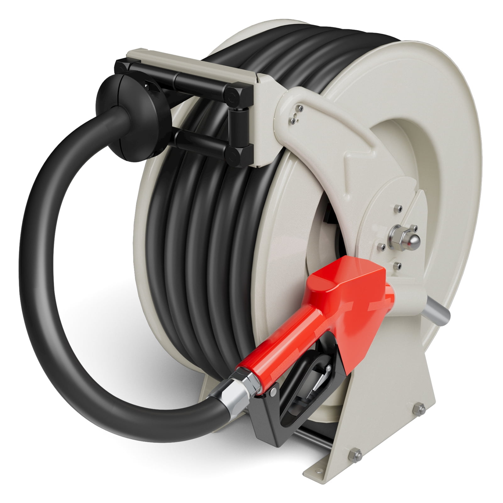 Fuel Hose Reel 3/4'' x 50ft with Fueling Nozzle, Diesel Fuel Hose Reel 300PSI Retractable Industrial Heavy Duty Swivel Steel Construction for Ship Vehicle Tank Truck Trailer Cart, Silver