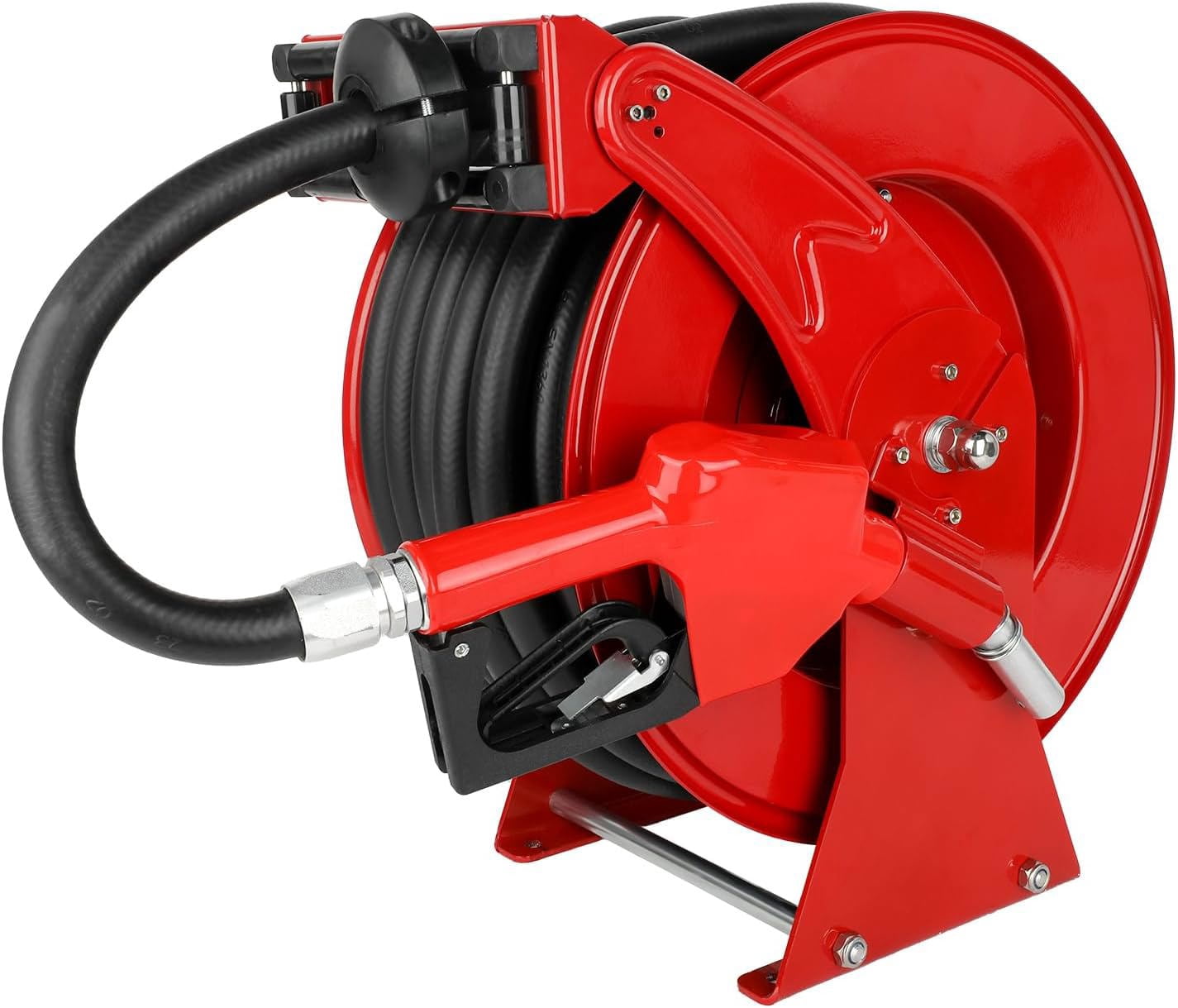Fuel Hose Reel Retractable, 3/4" x 66FT with Fueling Nozzle, Auto Rewind Spring Driven Diesel Hose Reel, 300PSI Industrial Heavy Duty Steel Construction Reel for Farm Aircraft Ship Vehicle Trailer