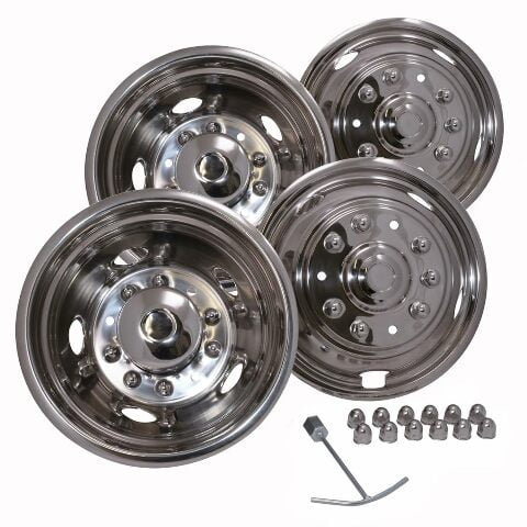 Fuel Rider Set of 4 Polished Stainless Steel Wheel Simulators Designed for 05-05 Ford Superduty 10 Lug, 4x4 Open Center Caps, Full Set Wheel Covers