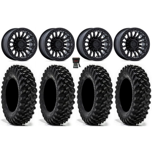 Fuel Rincon Bdlk 15" Wheels Bk 32" Warrior XT Tires Kawasaki Mule Pro FXT