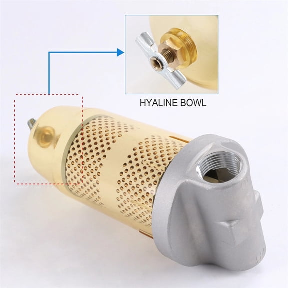 Fuel Tank Filter Assembly, 30Micron, 1Inch NPT Ports, Transparent Bowl with Drain, for Gas Diesel Biodiesel, 25 GPM